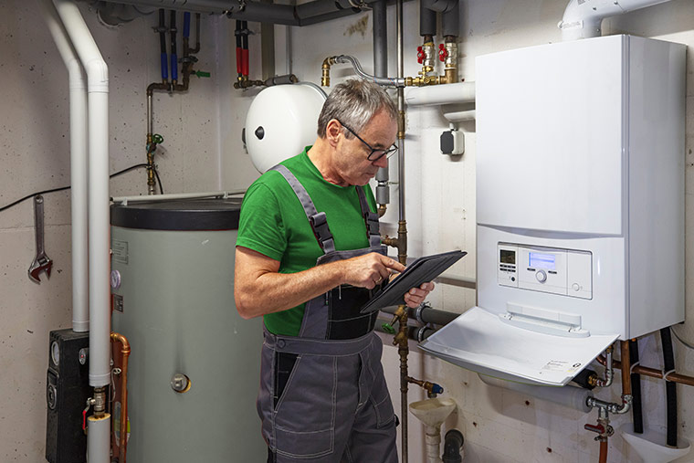 Gas-Installateur steht mit einem Tablet vor einer Heizungsanlage im Keller