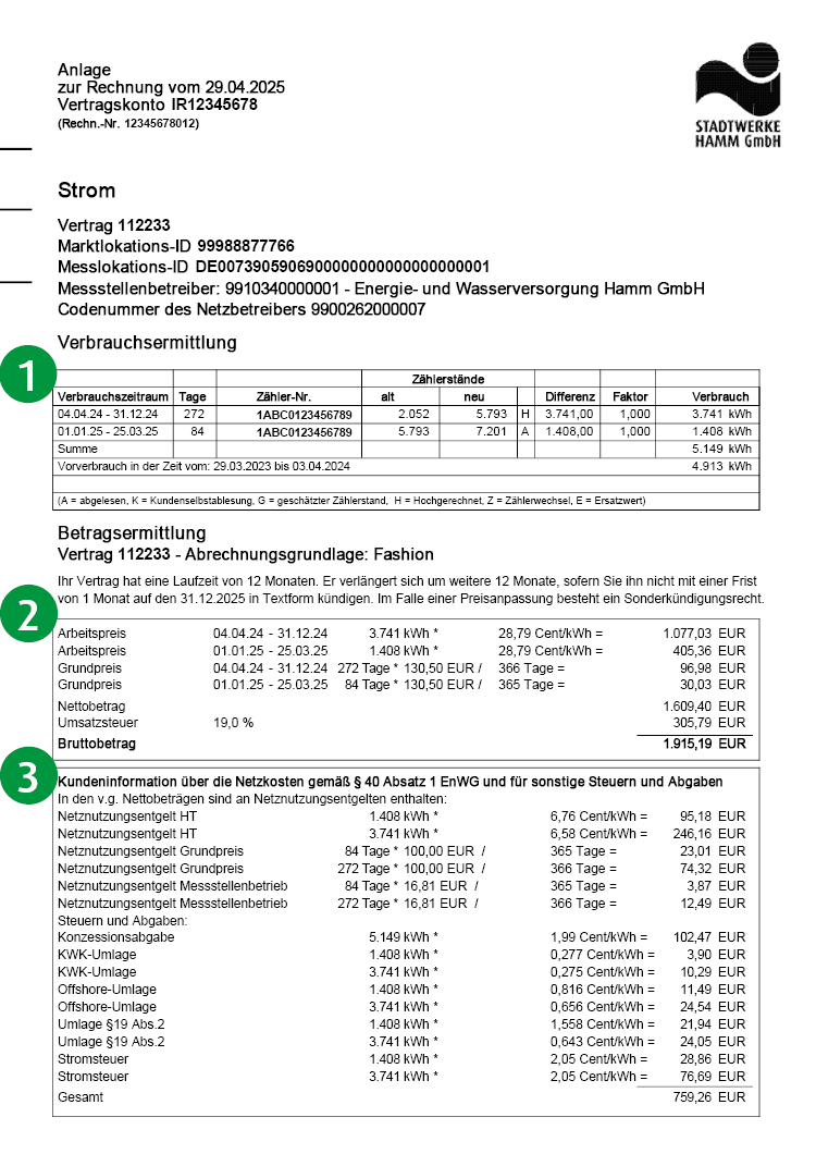 Abbildung - Musterseite 2 einer Jahresrechnung - Erklärung im Text