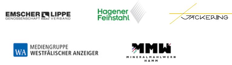 Logos: Emscher Genossenschaft Lippe Verband, Hagener Feinstahl, Jäckering, Mediengruppe Westfälischer Anzeiger, MMW Mineralmahlwerk Hamm