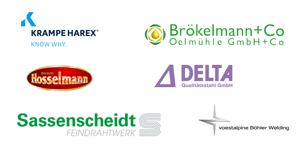 Logos: Krampe Harex, Brökelmann+Co Oelmühle GmbH+Co, Bäckerei Hosselmann, Delta Qualitätsstahl GmbH, Sassenscheidt Feindrahtwerk, voestalpine Böhler Welding