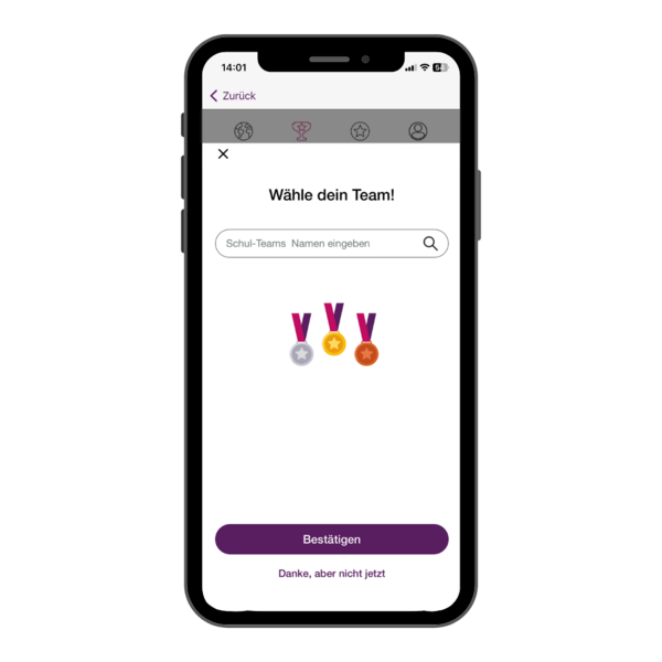 Smartphone-Mockup - Klima-Taler Funktion der hamm: App - Team-Auswahlfeld für Schul-Challenge