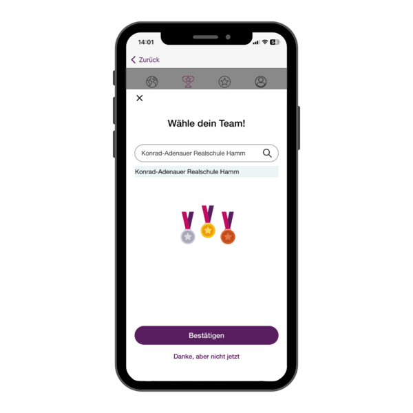 Smartphone-Mockup - Klima-Taler Funktion der hamm: App - Ausgewältes Team für Schul-Challenge