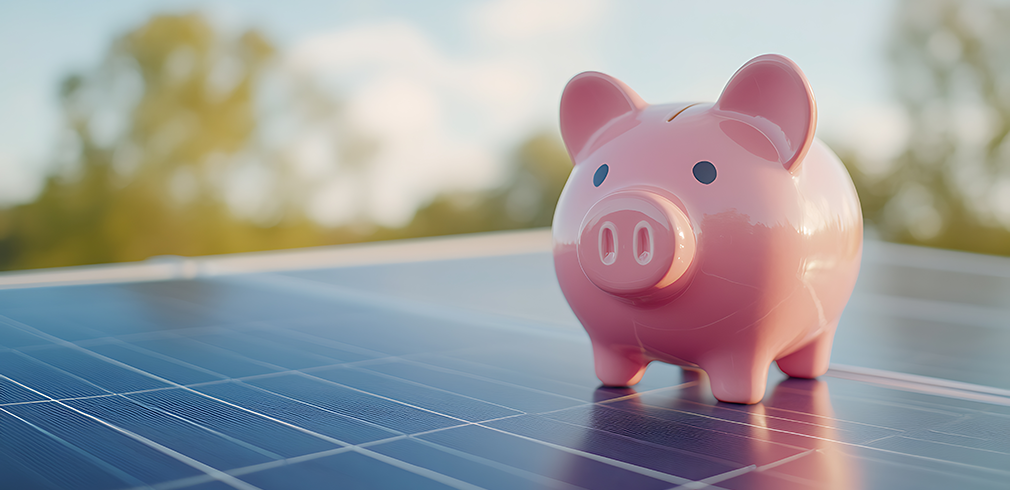 Das Bild zeigt ein Sparschwein auf einem PV-Modul