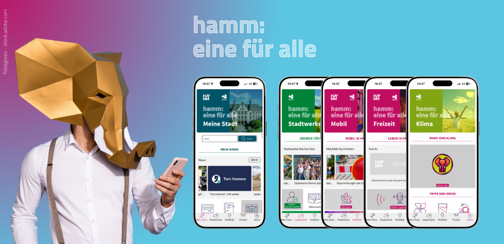 Teaser: hamm: App - Eine für alle - Mensch mit Elefantenkopg und Smartphone + Übersicht der App-Reiter