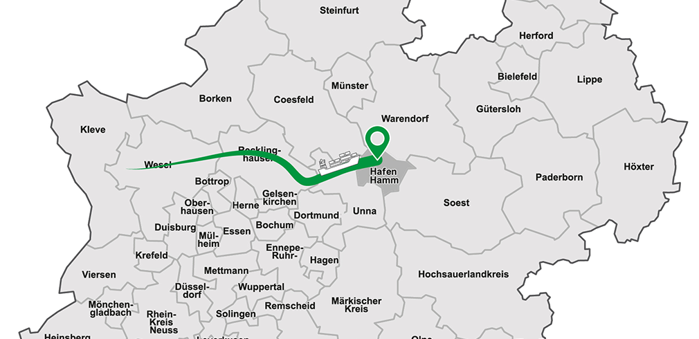 Karte von NRW mit Markierung des Hafens in Hamm, Weiterleitung Seite: Erreichbarkeit Anlieger